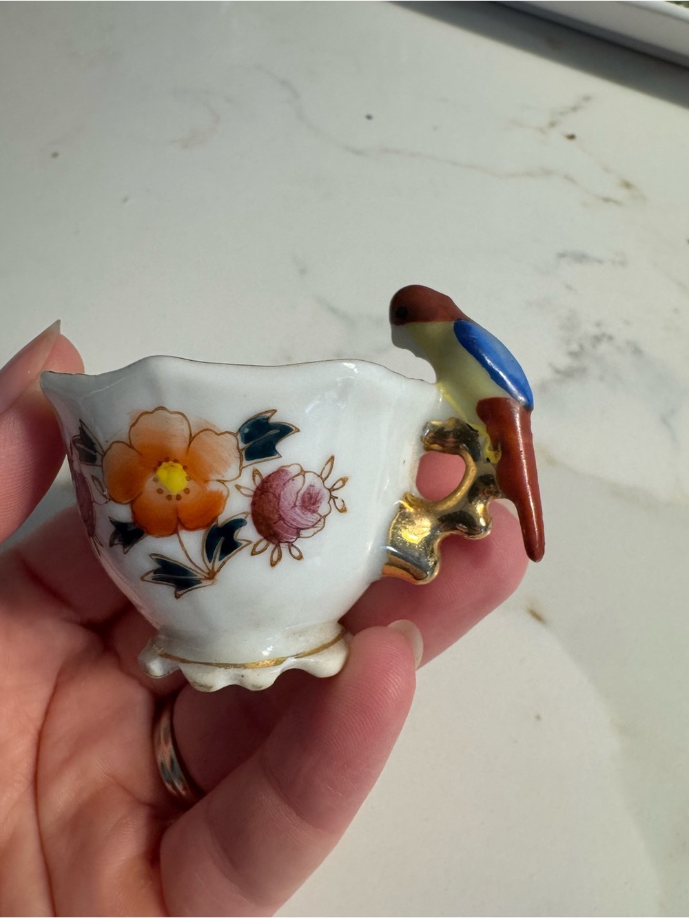 Vintage Japan Miniature Porcelain Teacup Parrot Bird Handle Floral Gold Trim